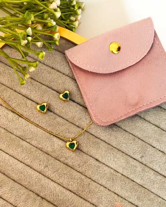 Green stone heart necklace combo with pouch