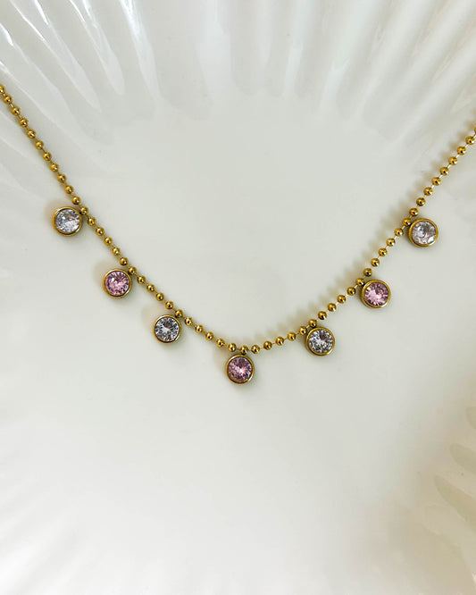 White pink round stone necklace