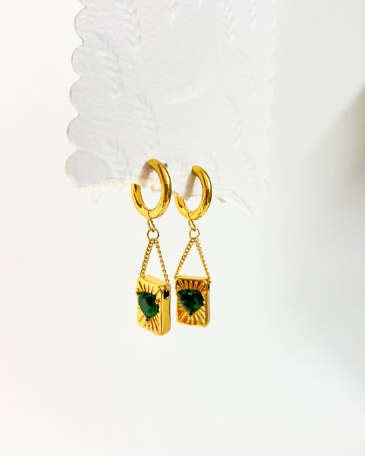 Hanging heart green stone huggies
