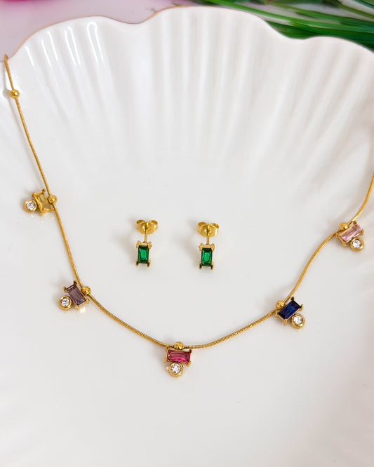 multi colour square stone necklace with earrings