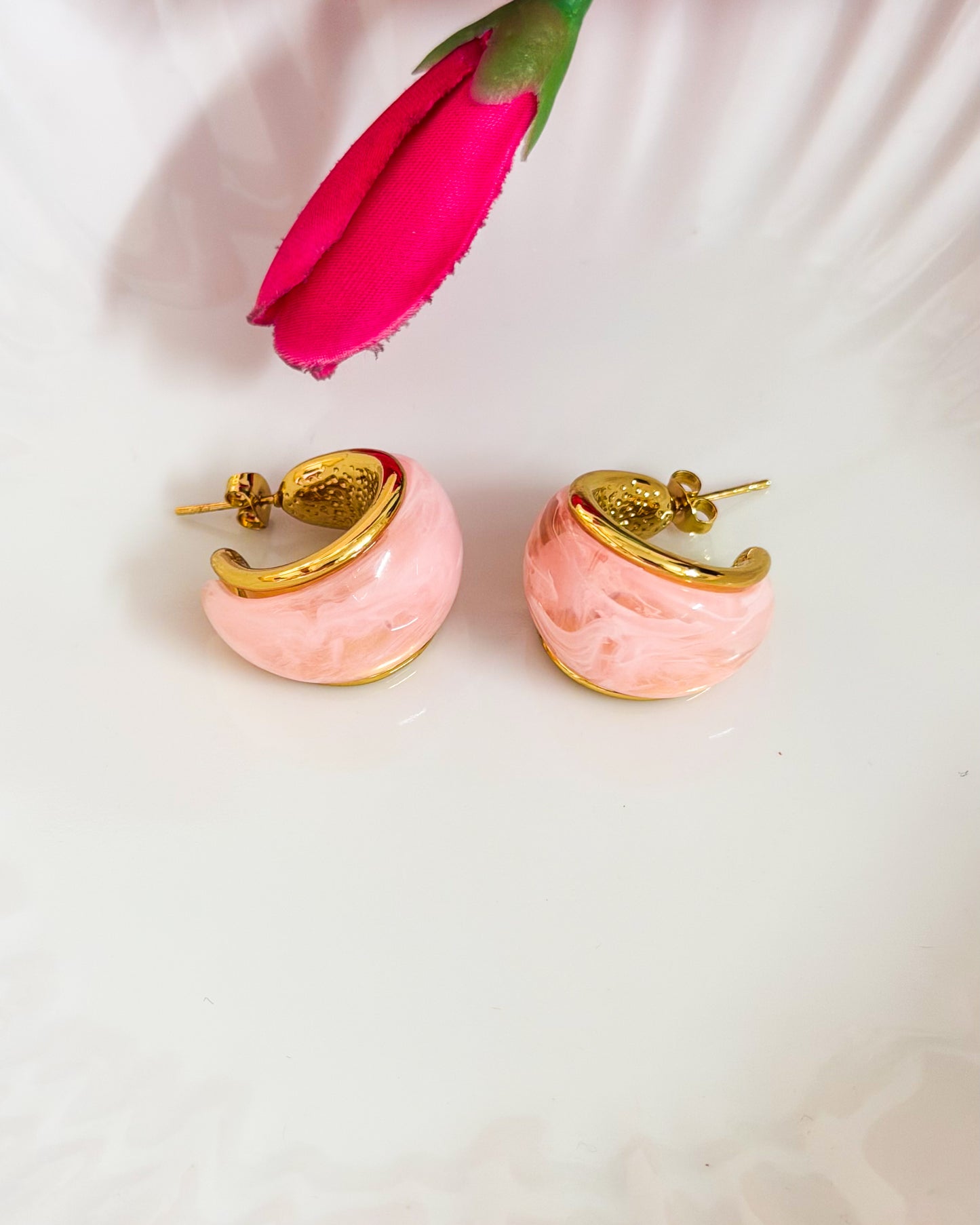 Enamel pink moon earrings