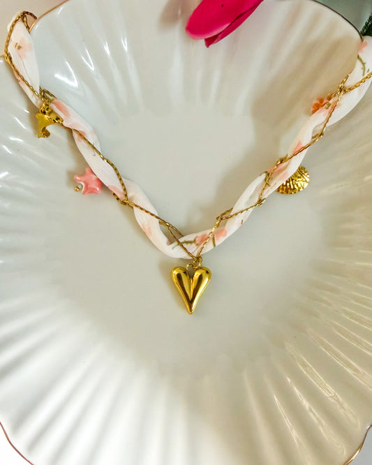 Ribbon double layered heart shell charm necklace