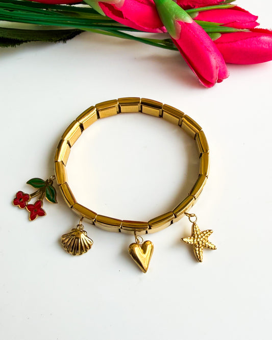 Red flower and heart charm, Italian Bracelet