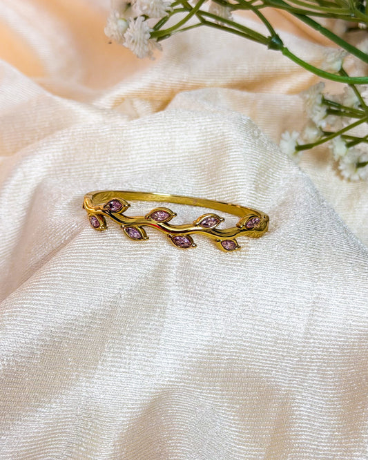 Pink leaf, stone thin wrist bracelet