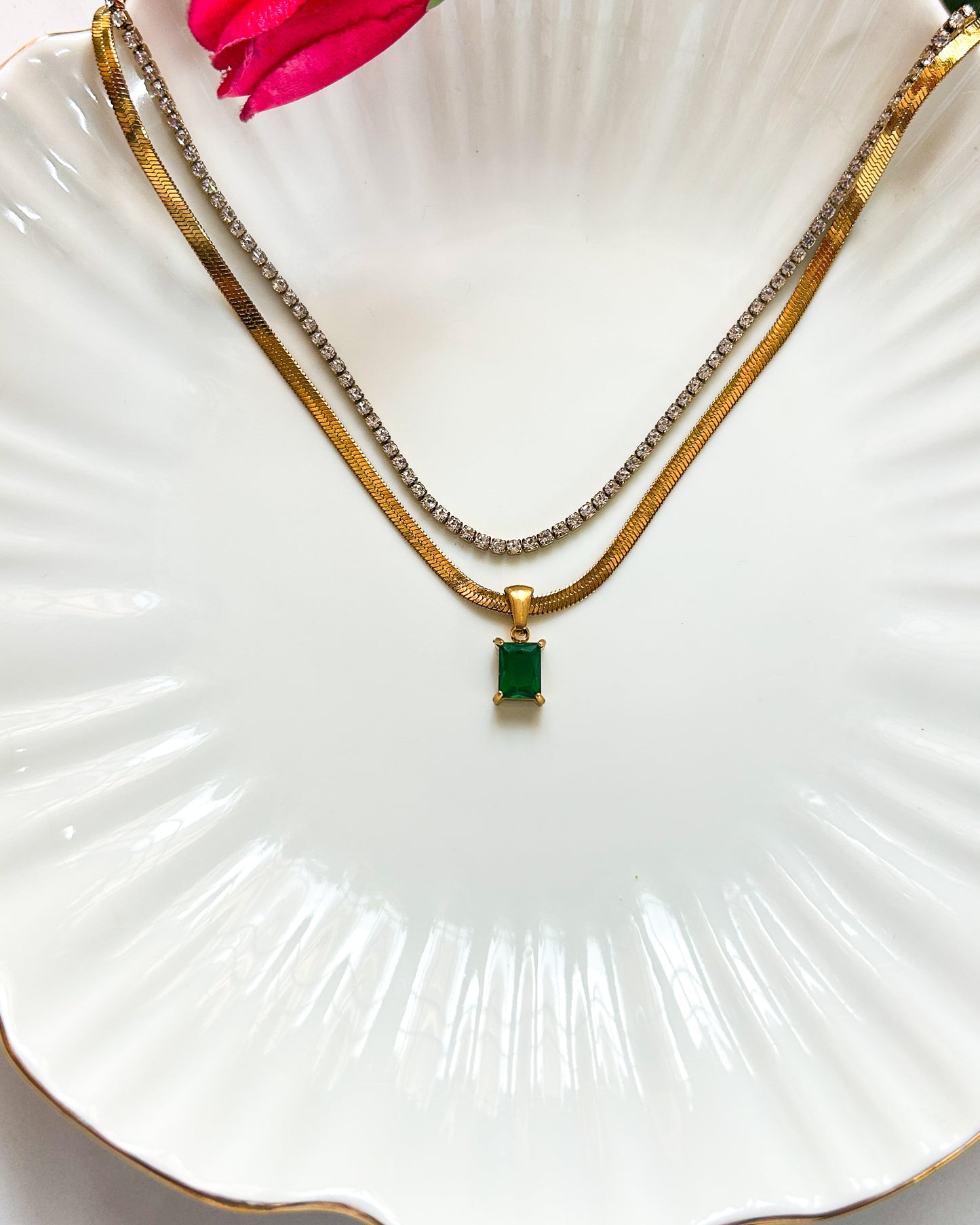 Green square stone layer, tennis necklace