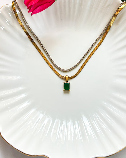 Green square stone layer, tennis necklace
