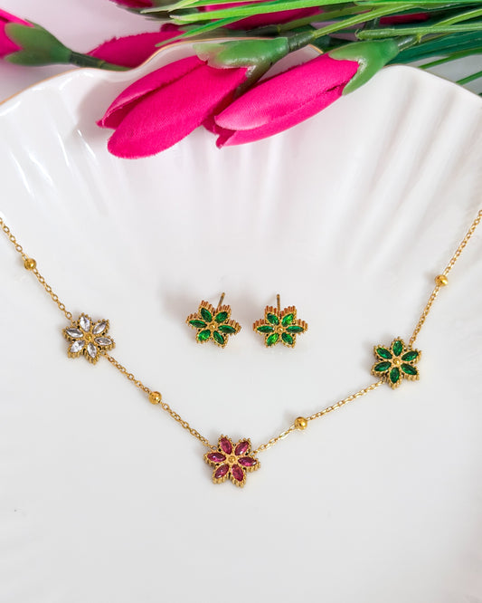 Multicoloured flower necklace with studs