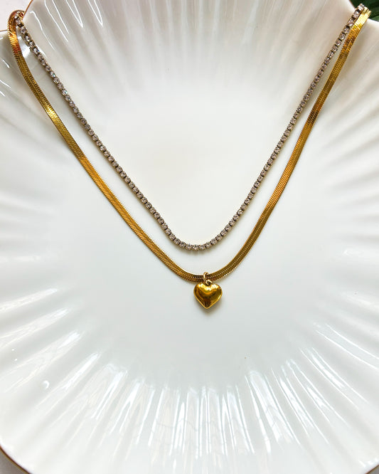 Mini puffed heart layer tennis necklace