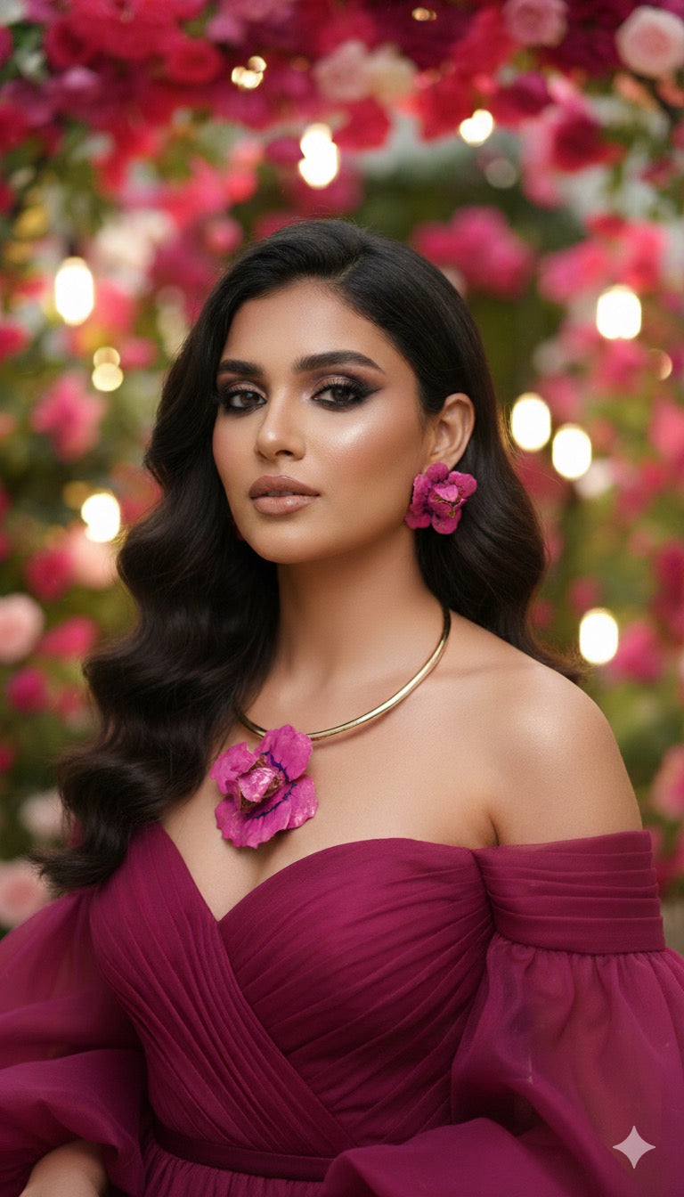 Pink floral choker + earrings