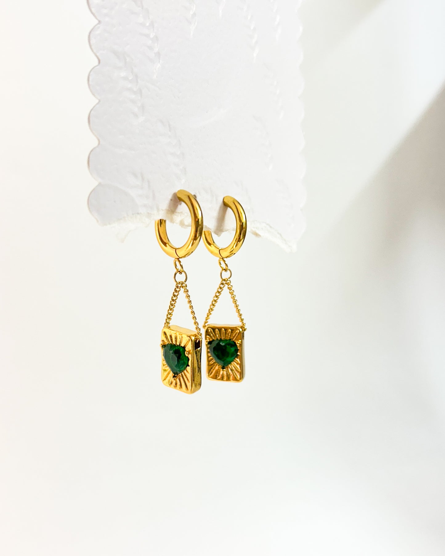 Hanging heart green stone huggies
