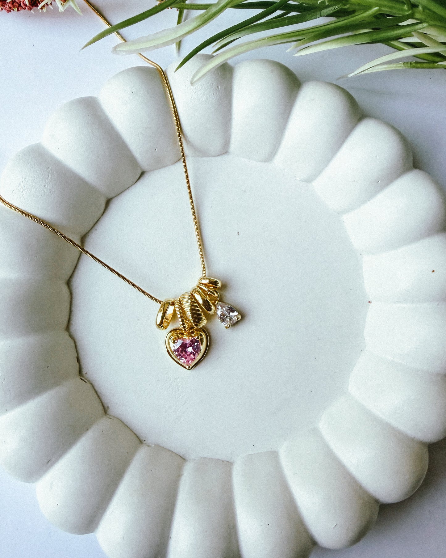 Pink heart with drop charm necklace