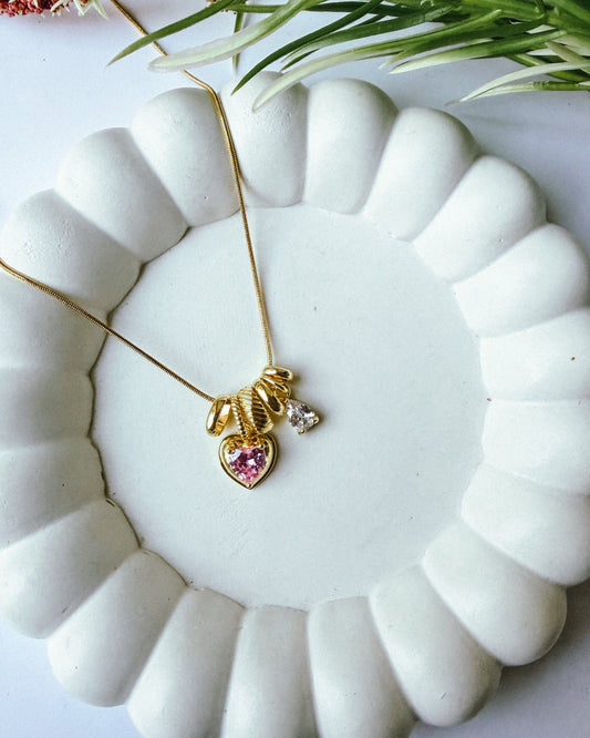 Pink heart with drop charm necklace