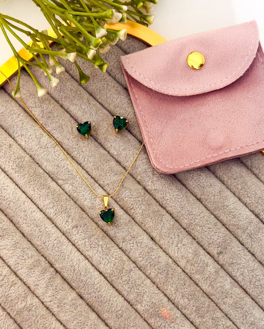 Green heart necklace combo with pouch