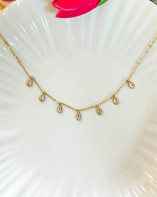 White drop stone thin chain necklace