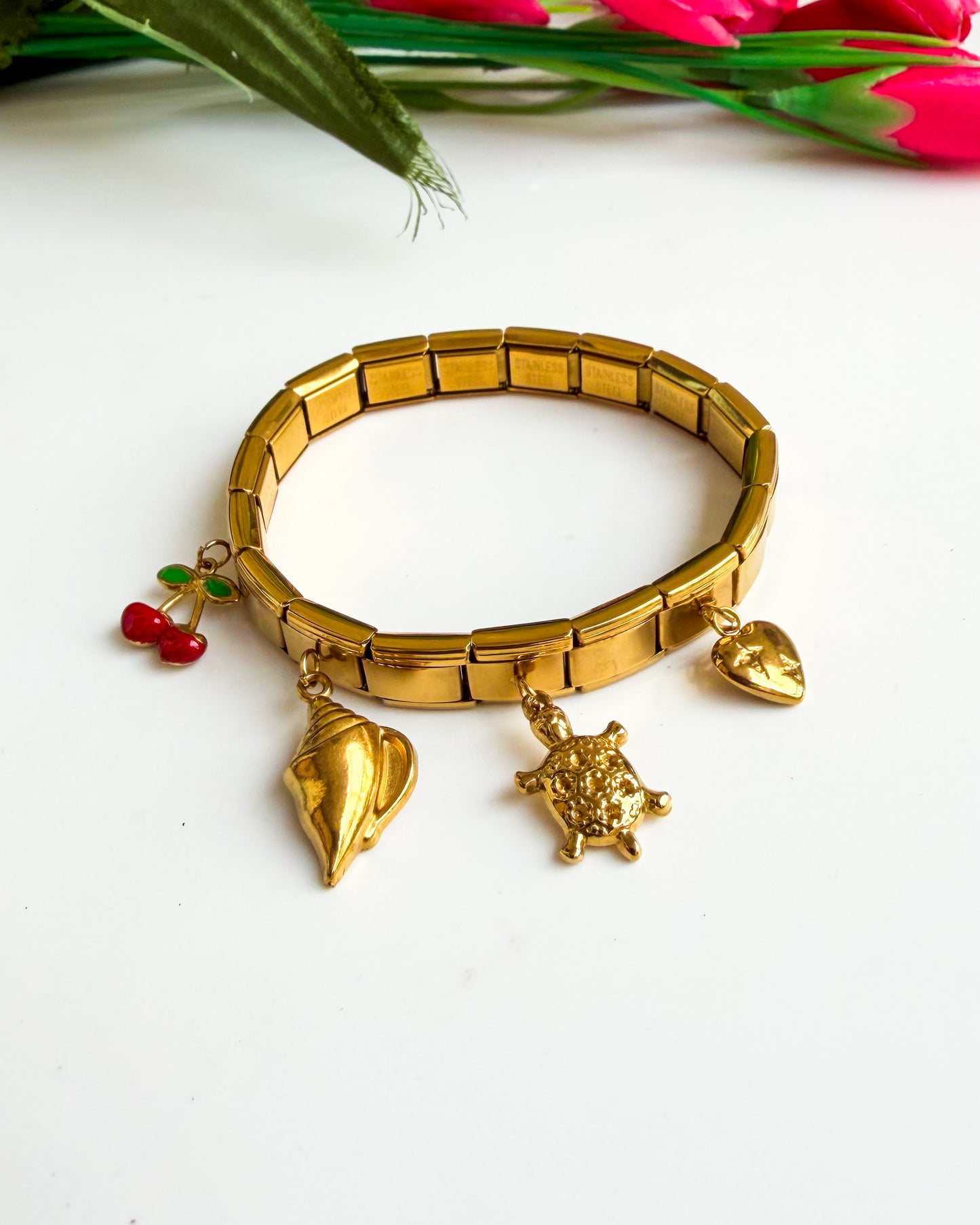Cherry and turtle charm, Italian Bracelet