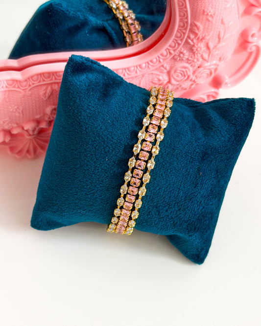Pink square stone layered tennis bracelet