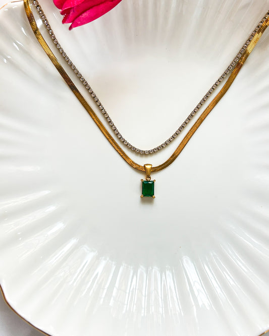 Green square stone layer, tennis necklace