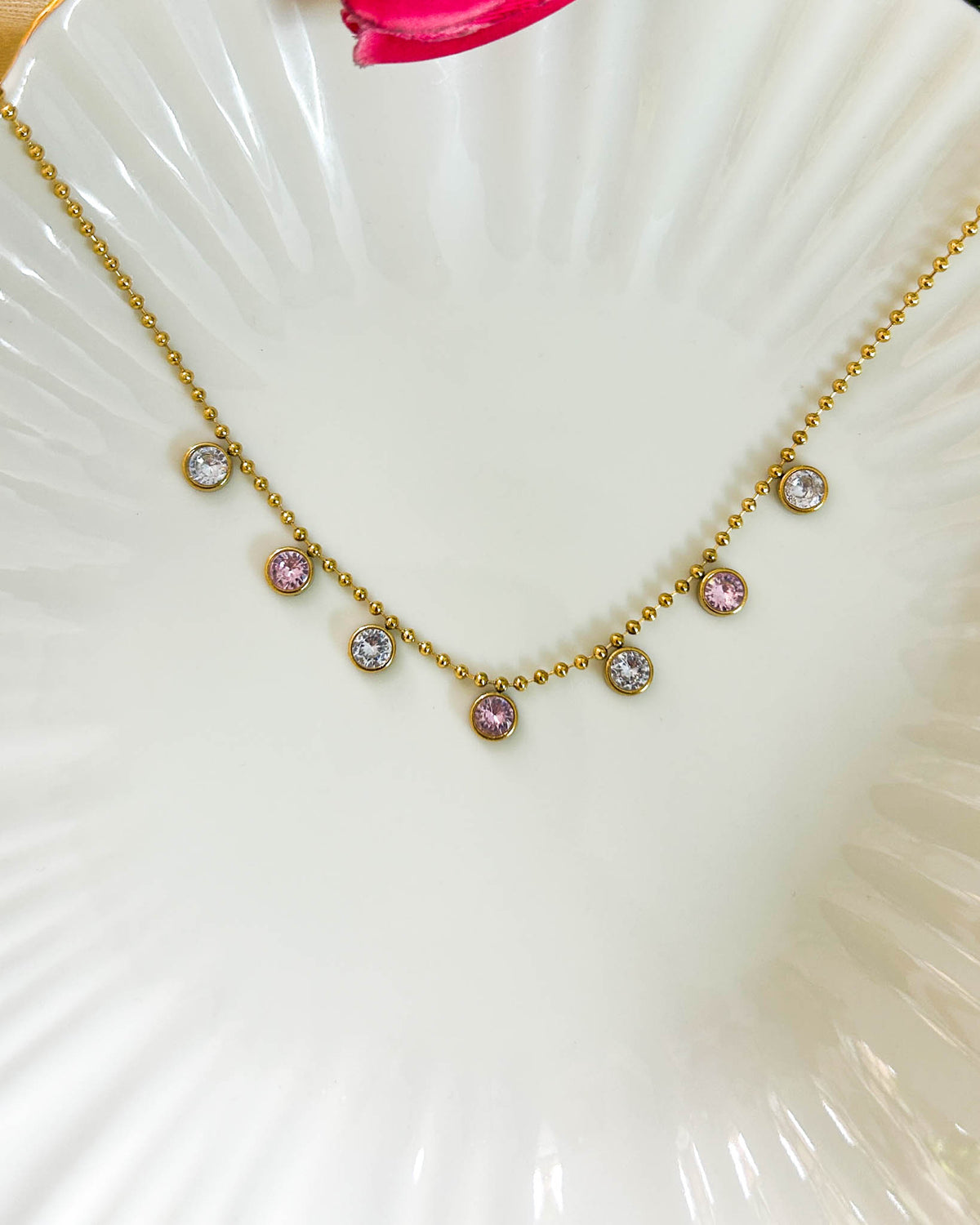 White pink round stone necklace