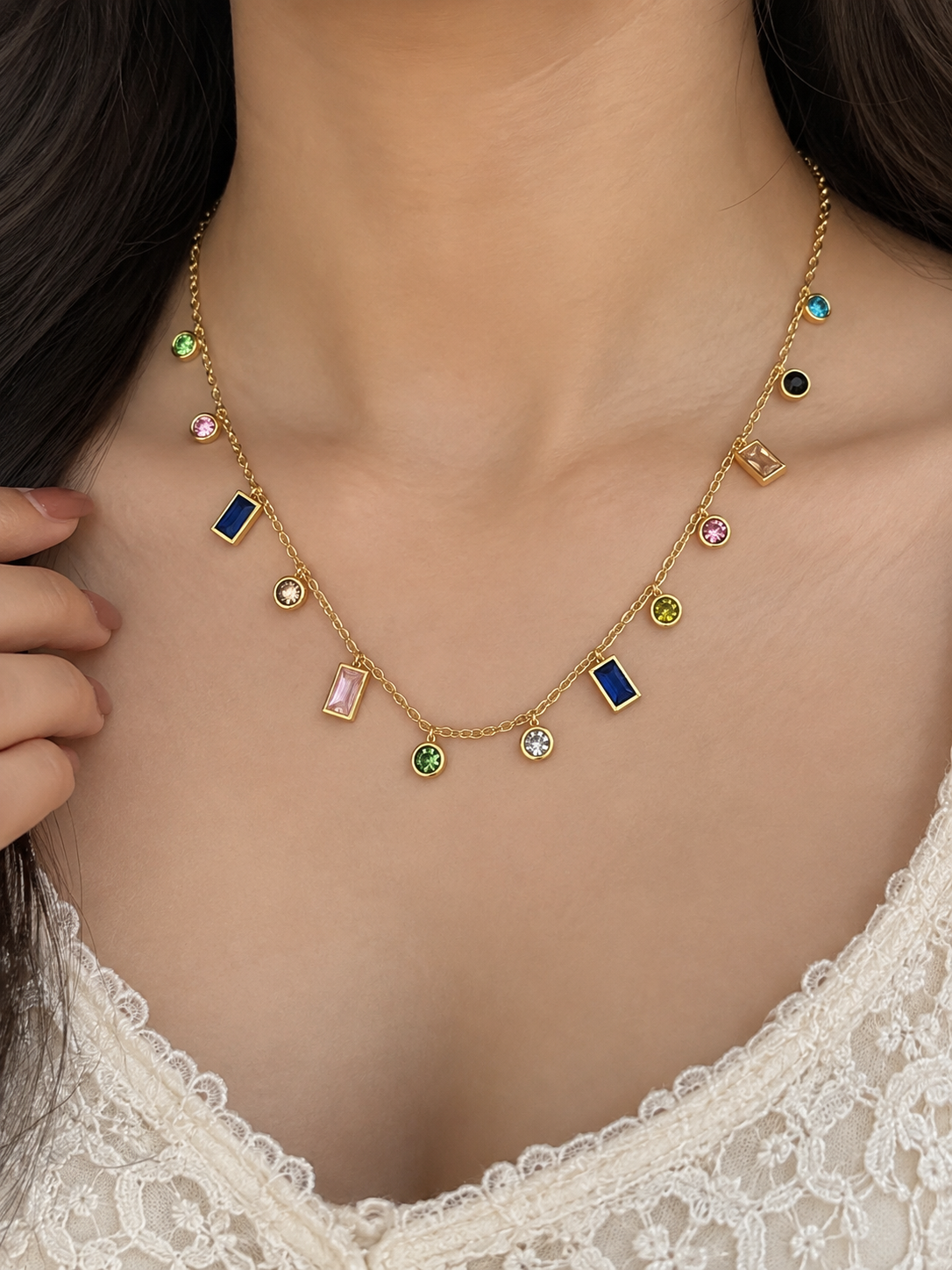 Rectangular multicoloured charm necklace