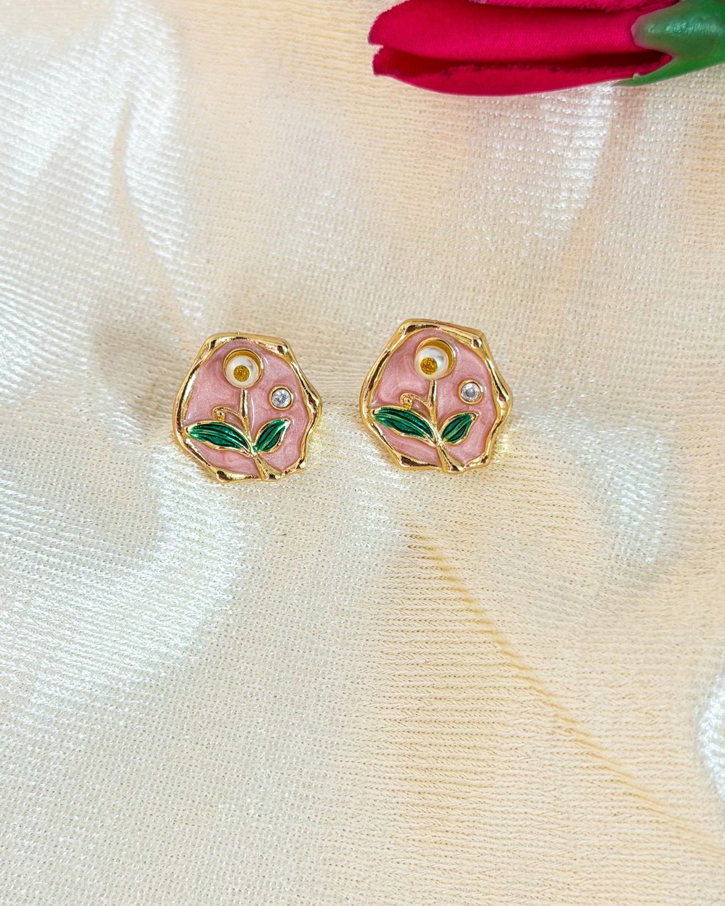 Pink petal enamel earrings