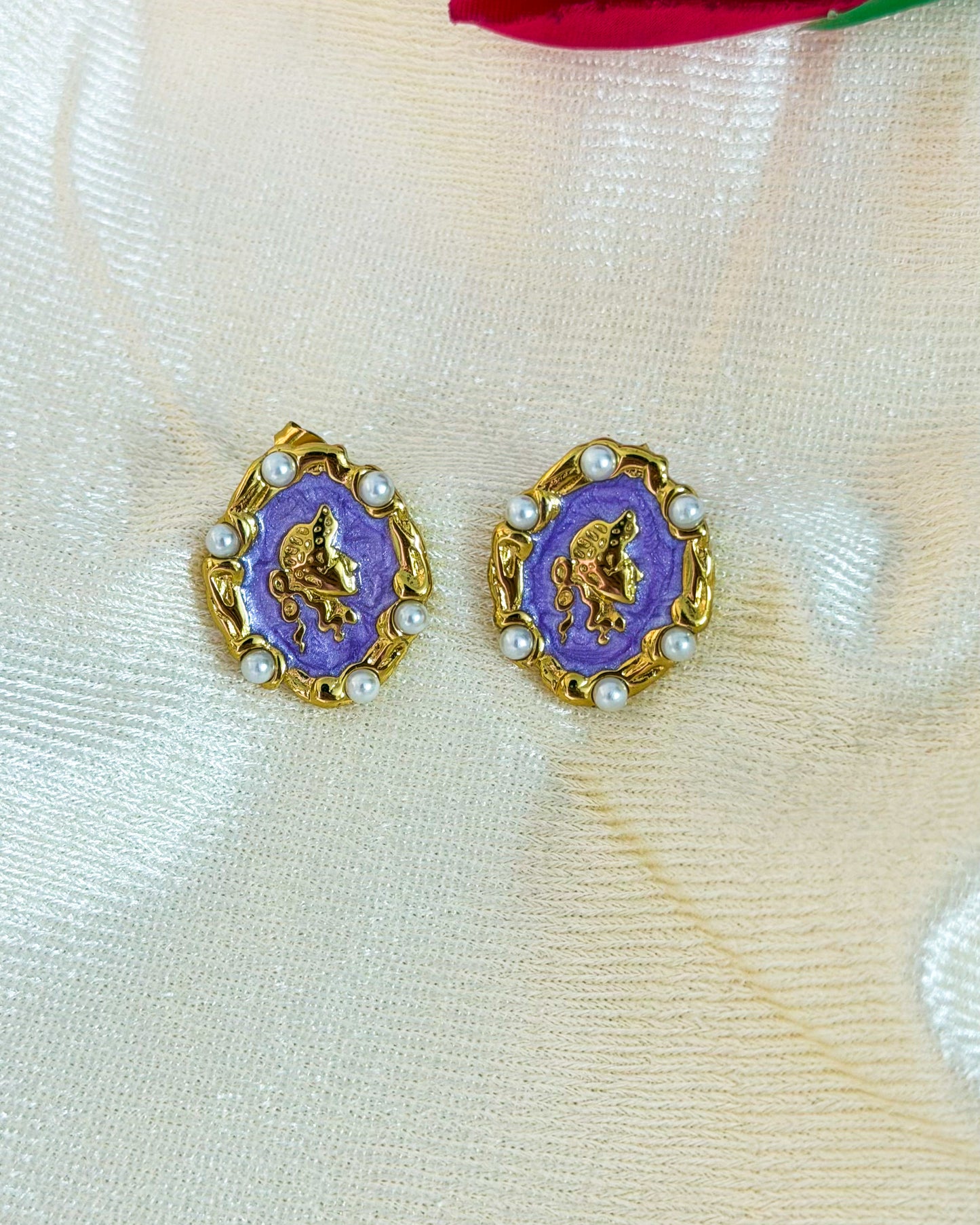 Purple frog enamel earrings