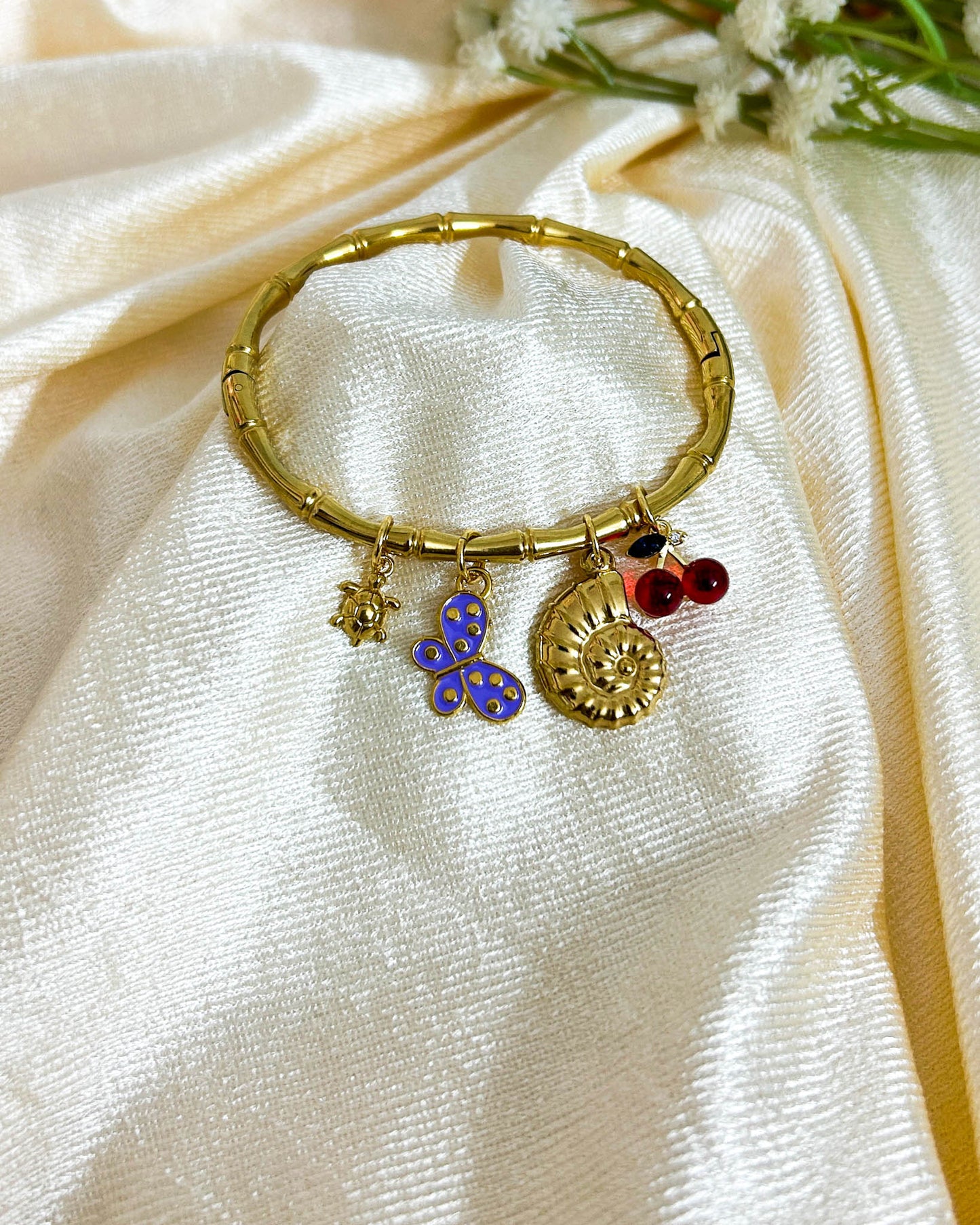 Cherry with butterfly bamboo charm bracelet