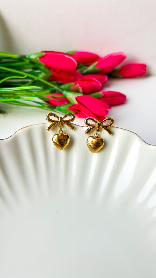 Bow hanging heart earrings