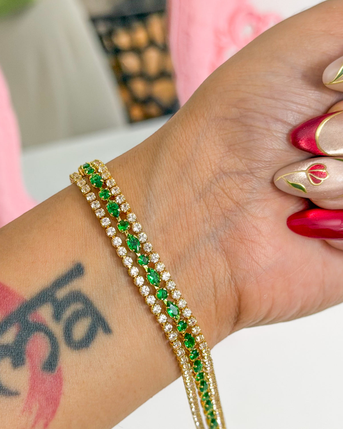 White with green layered tennis bracelet