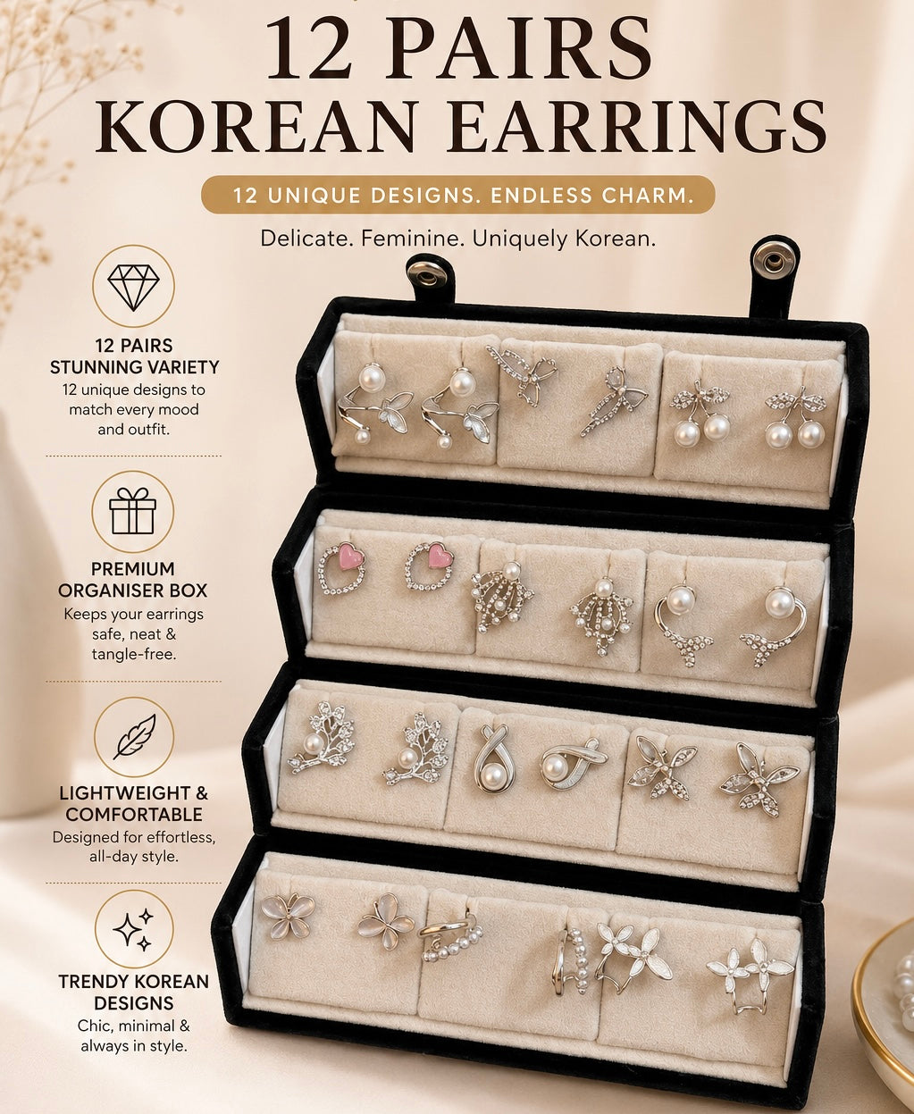 12 pair of Korean earrings with jewellery box ( read description before buying)