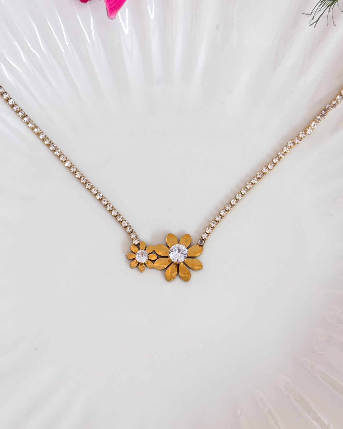 Rhinestone loaded floral necklace