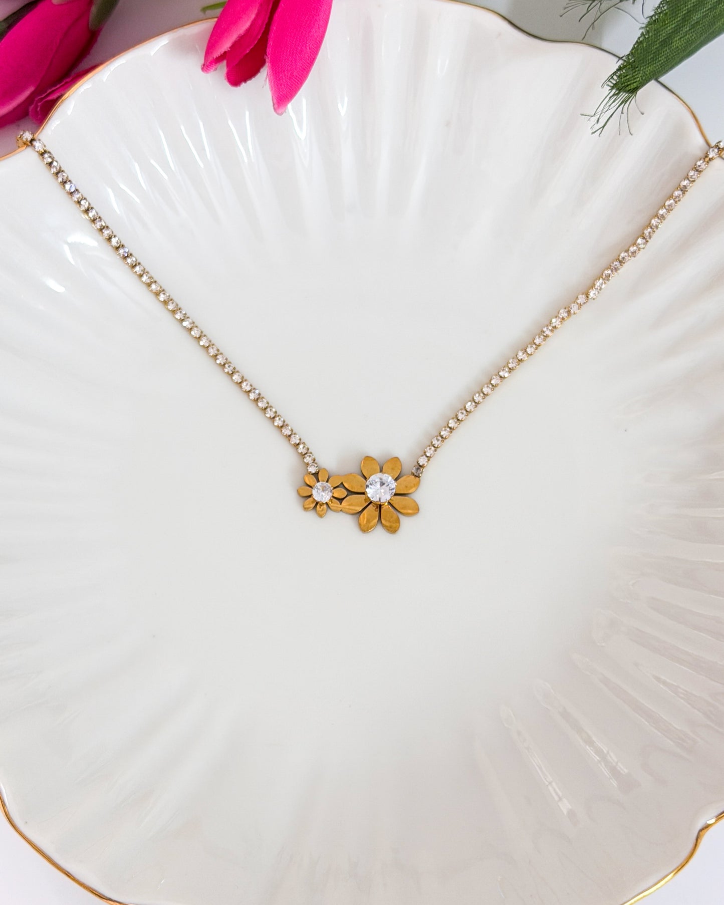 Rhinestone loaded floral necklace