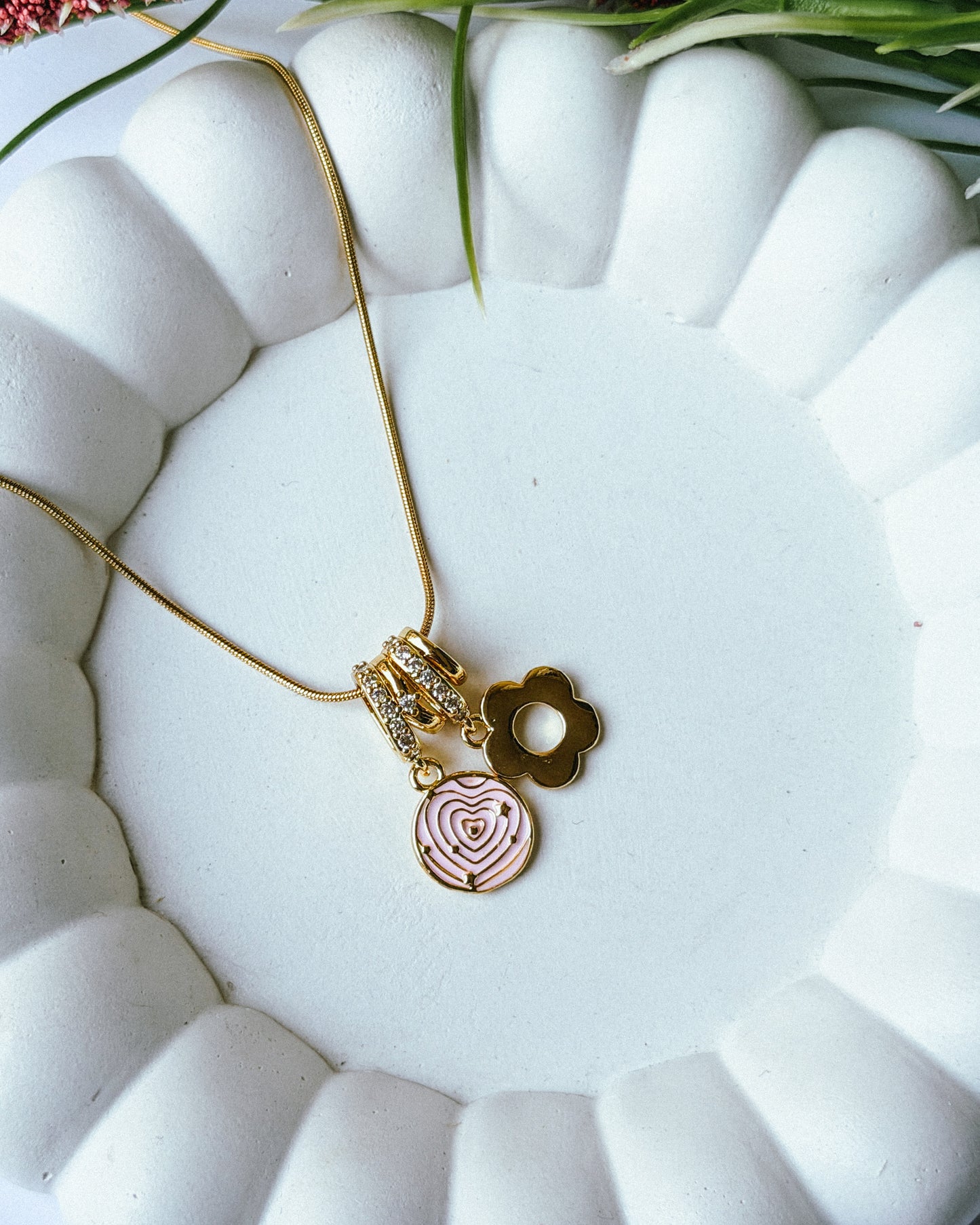 Pink heart floral charm necklace