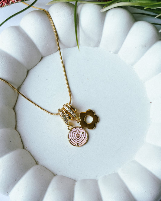 Pink heart floral charm necklace