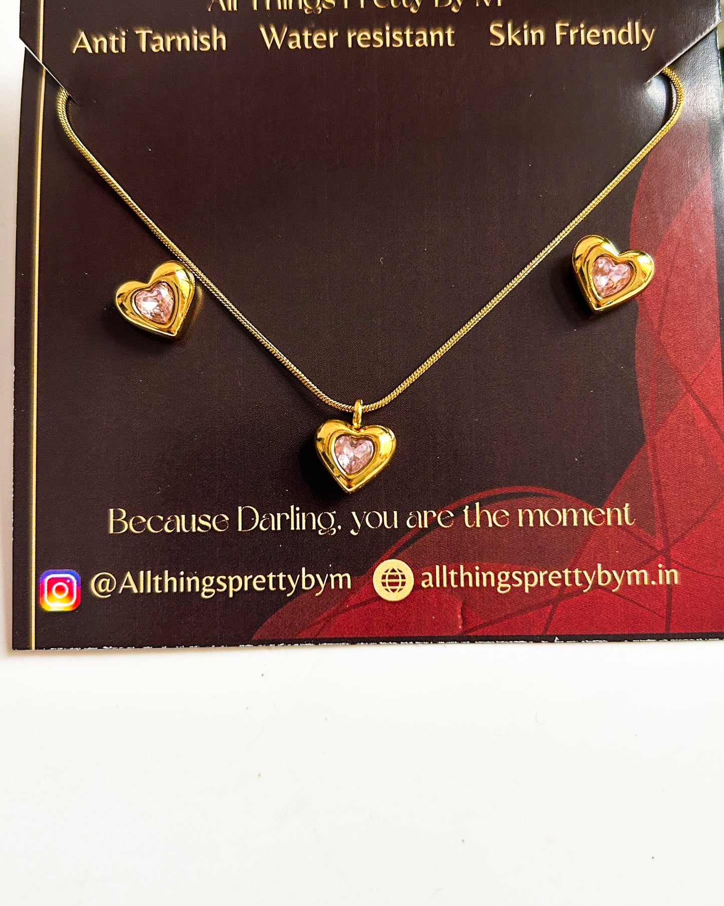 Pink heart stone combo ( necklace + earrings)