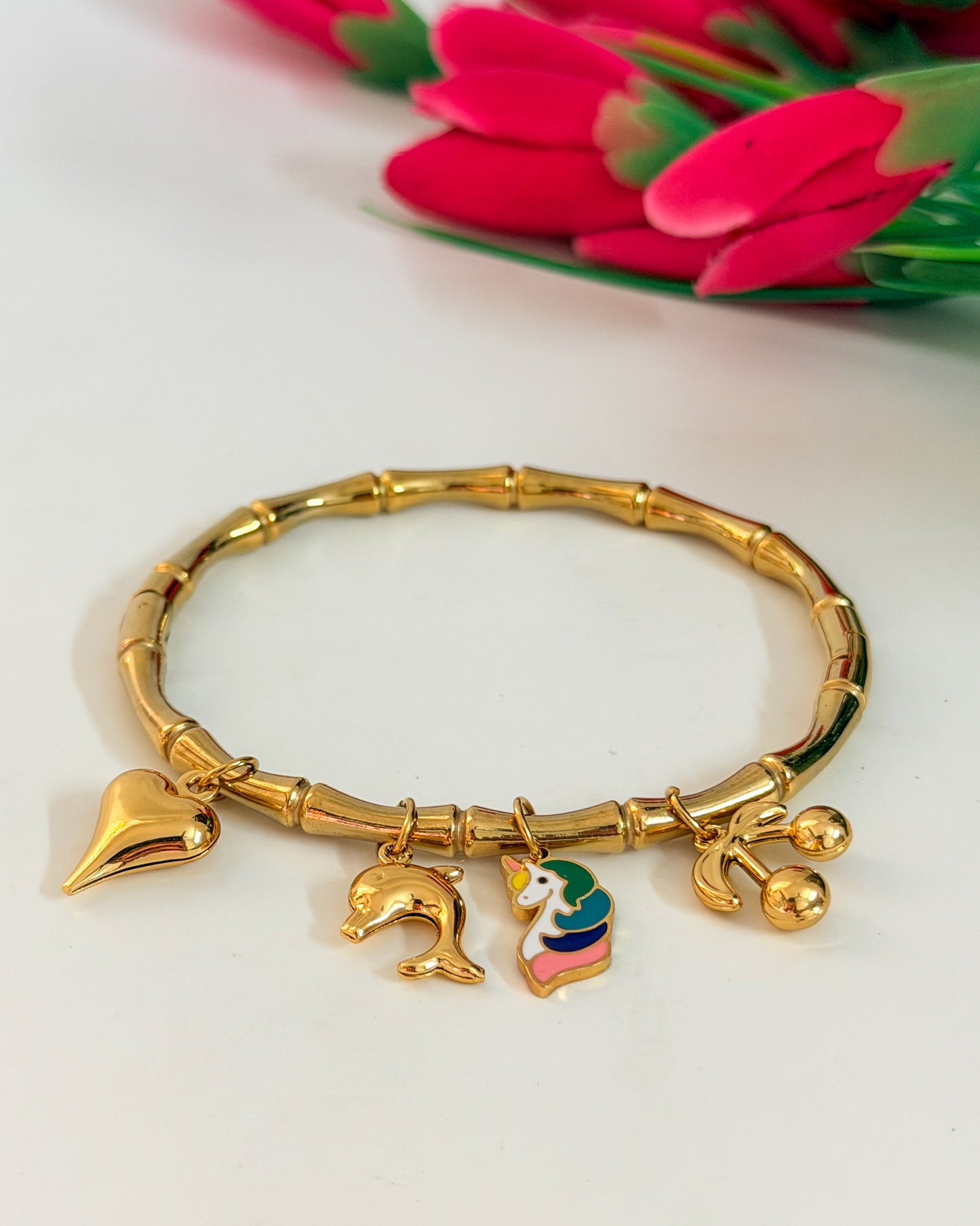 Cherry unicorn charm bamboo bracelet