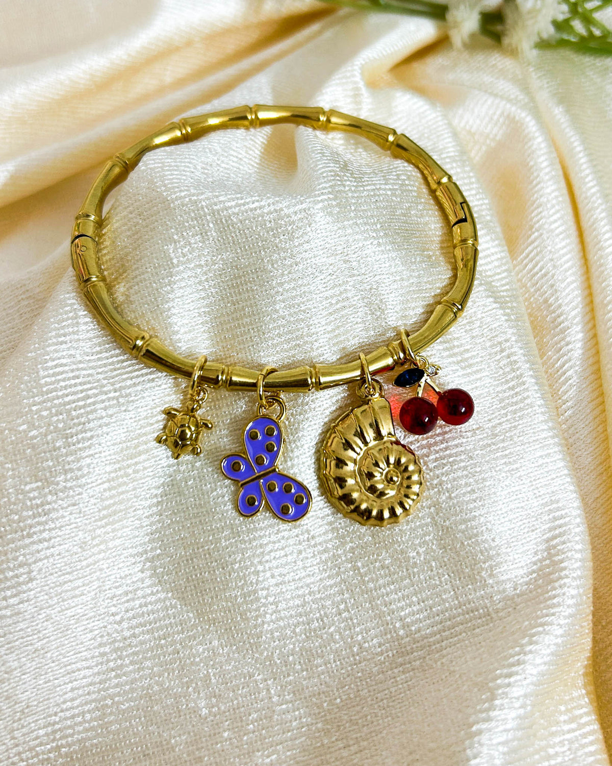 Cherry with butterfly bamboo charm bracelet