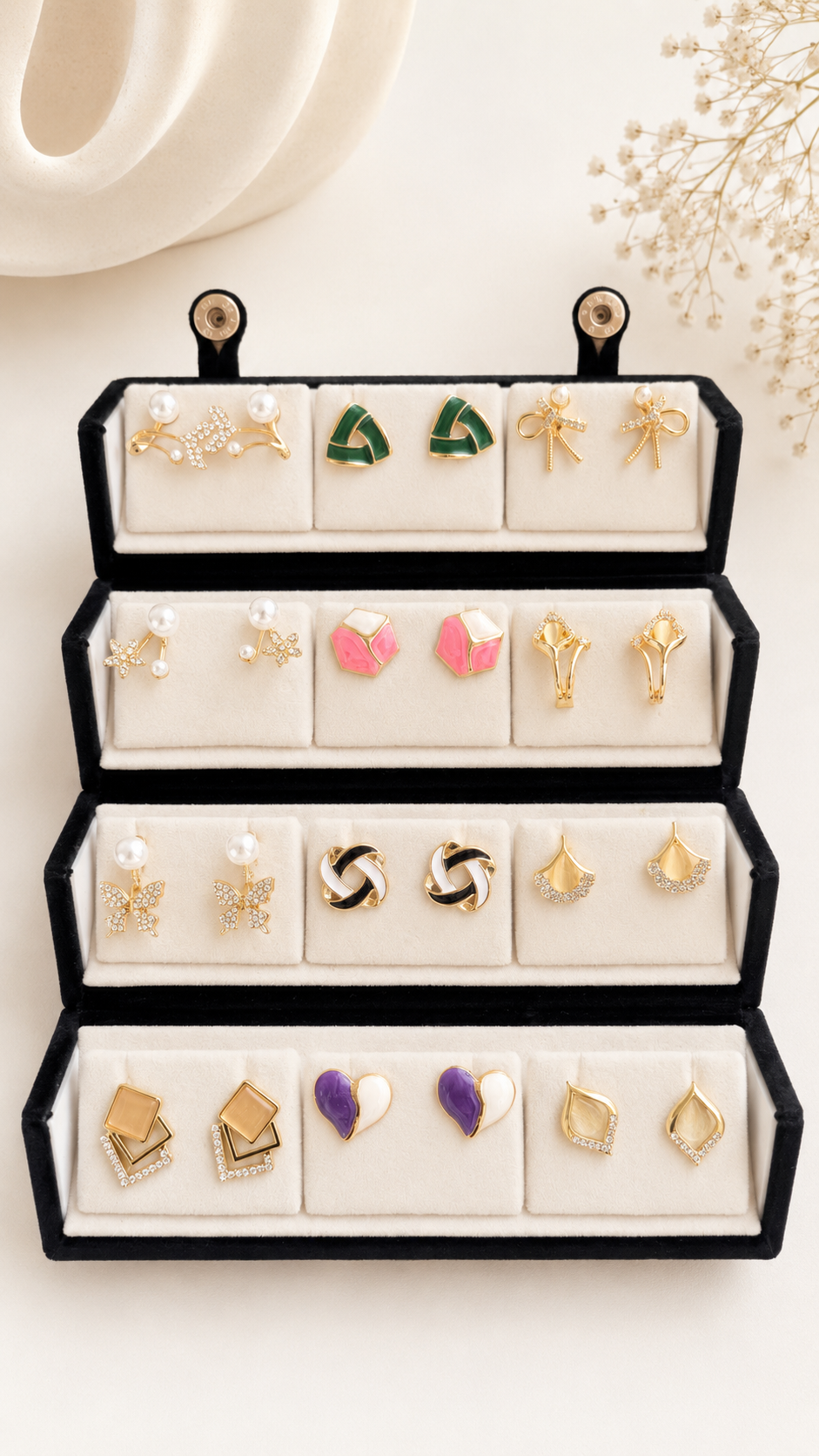 12 pair of Korean earrings with jewellery box random box( read description before buying)